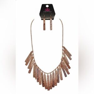 Hammered Bar Bib Necklace and Earrings- Rose Gold Tone